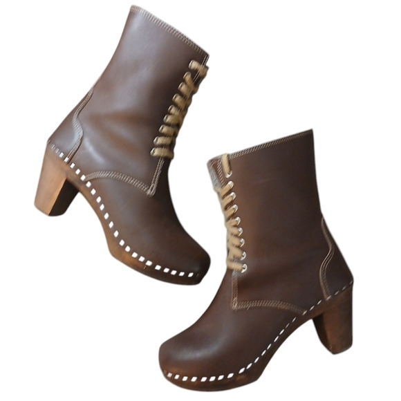 MAGUBA Sidney Platform Studded Clog Boot Brown Leather Lace Up Bootie Size 7 - Picture 1 of 12